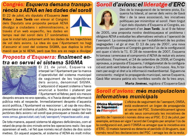 Cuatro informaciones sobre la situacin actual del impacto del aeropuerto del Prat sobre Gav Mar publicadas en el número 72 de la publicación L'ERAMPRUNYÀ (Agosto 2009)